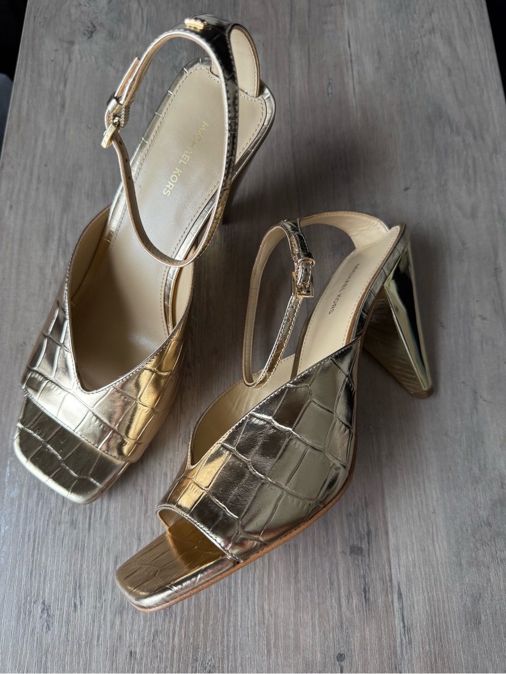 MICHAEL KORS Gold Croc Embossed Heeled Sandals